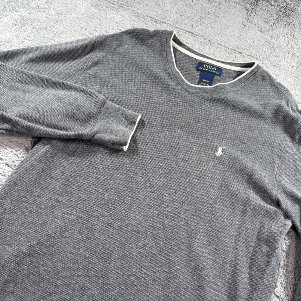 Polo Ralph Lauren Mens Gray Waffle Knit Thermal V-Neck Long Sleeve Shirt Size M